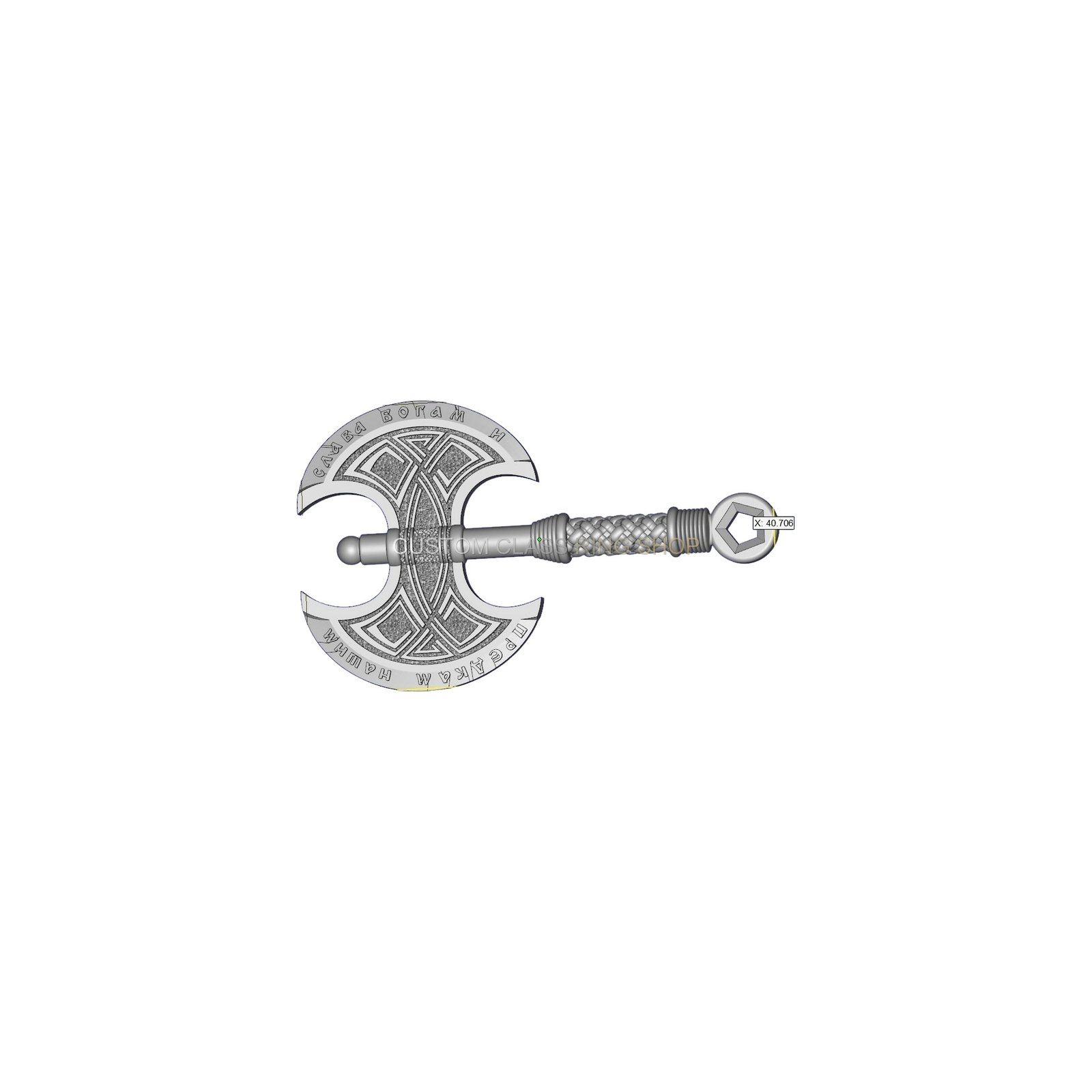 Sterling silver double axe pendant, flat overhead layout view