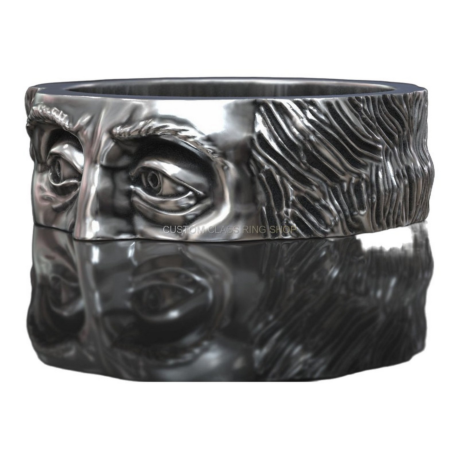 Sterling silver Benjamin Franklin founding father ring, angled view showing hair and facial features