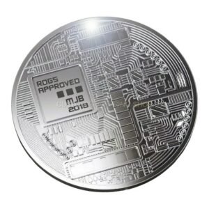 Sterling silver Bitcoin souvenir coin with circuit board detail