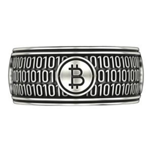 Mens sterling silver bitcoin ring with oxidized finish and binary code band