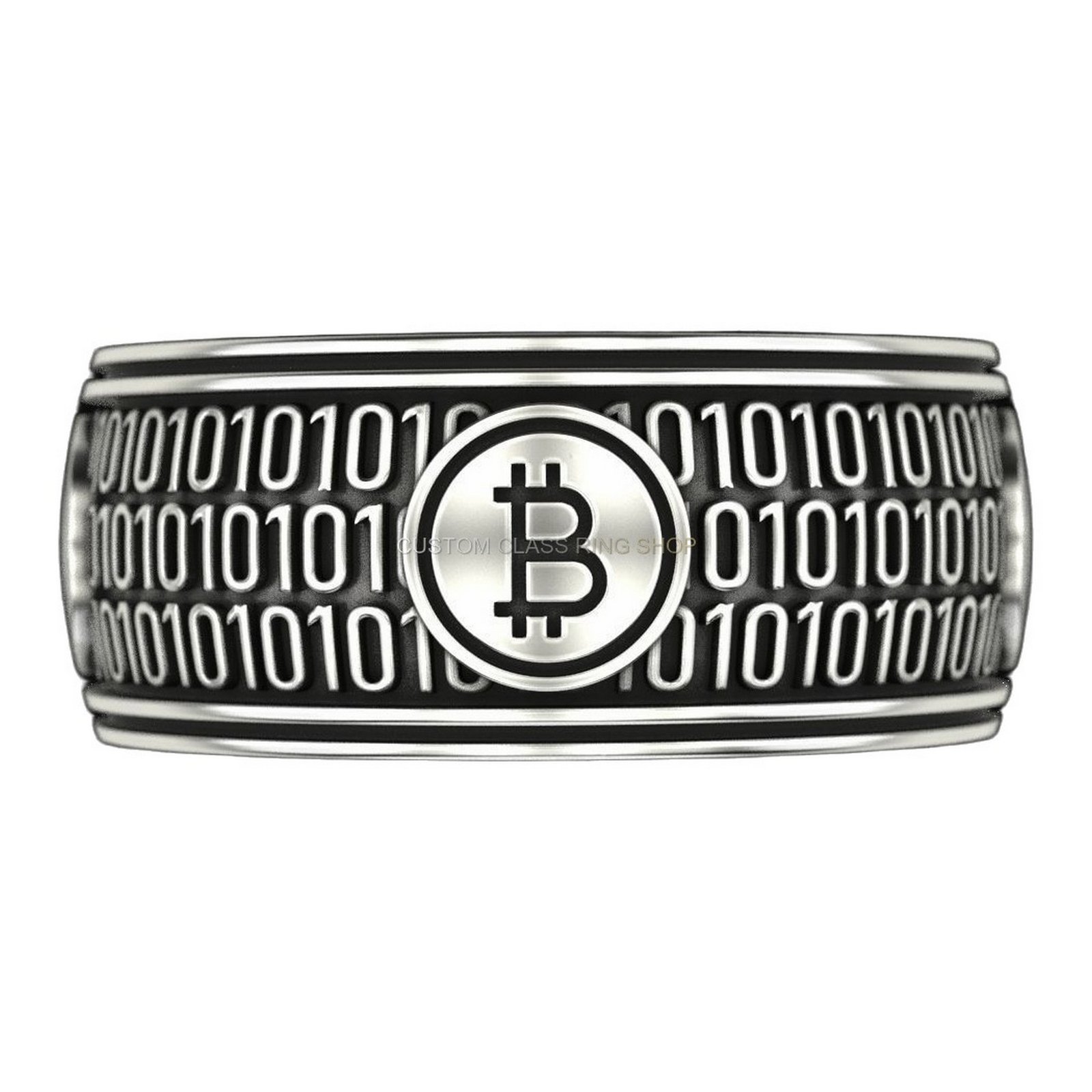 Mens sterling silver bitcoin ring with oxidized finish and binary code band