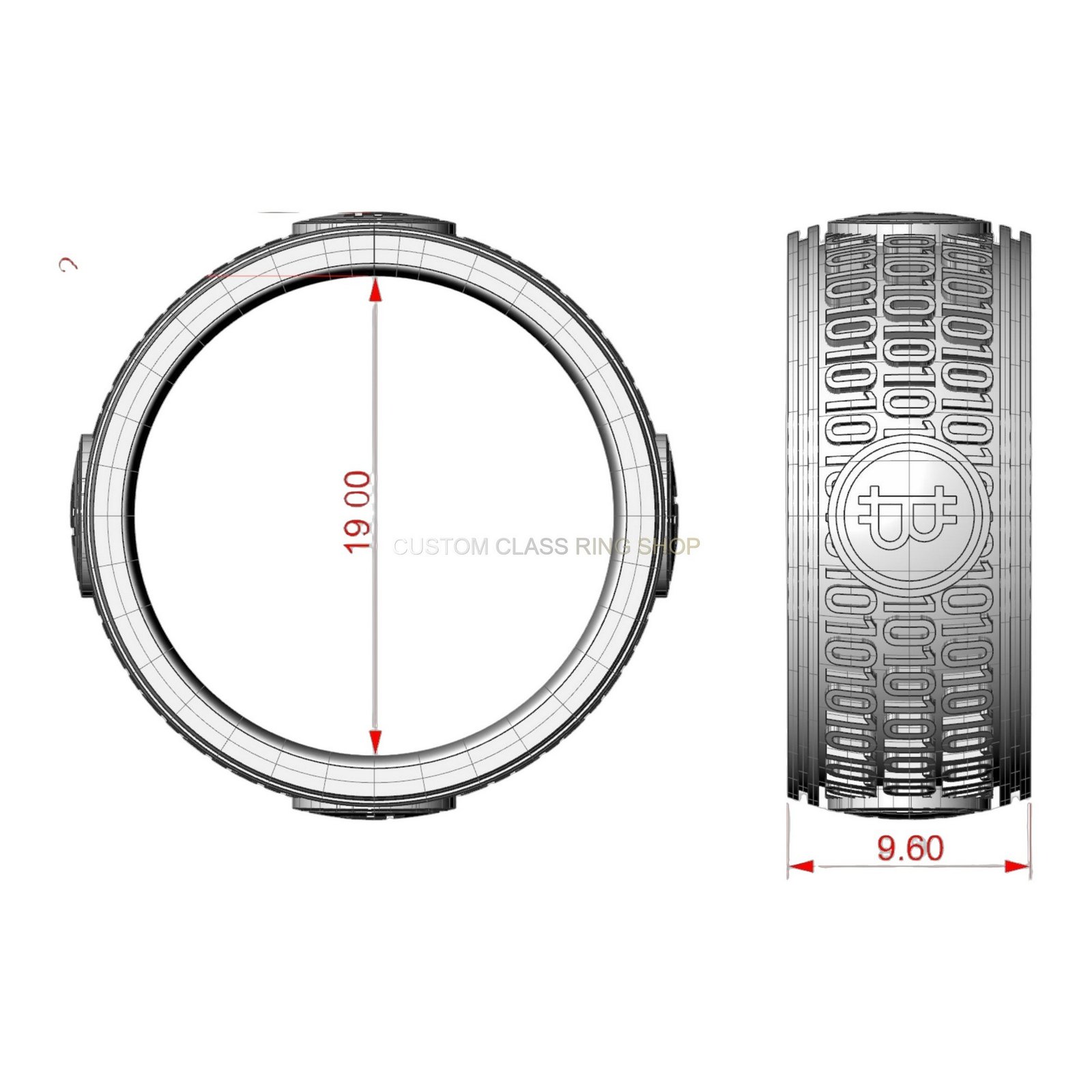 Mens sterling silver bitcoin ring with oxidized finish and binary code band