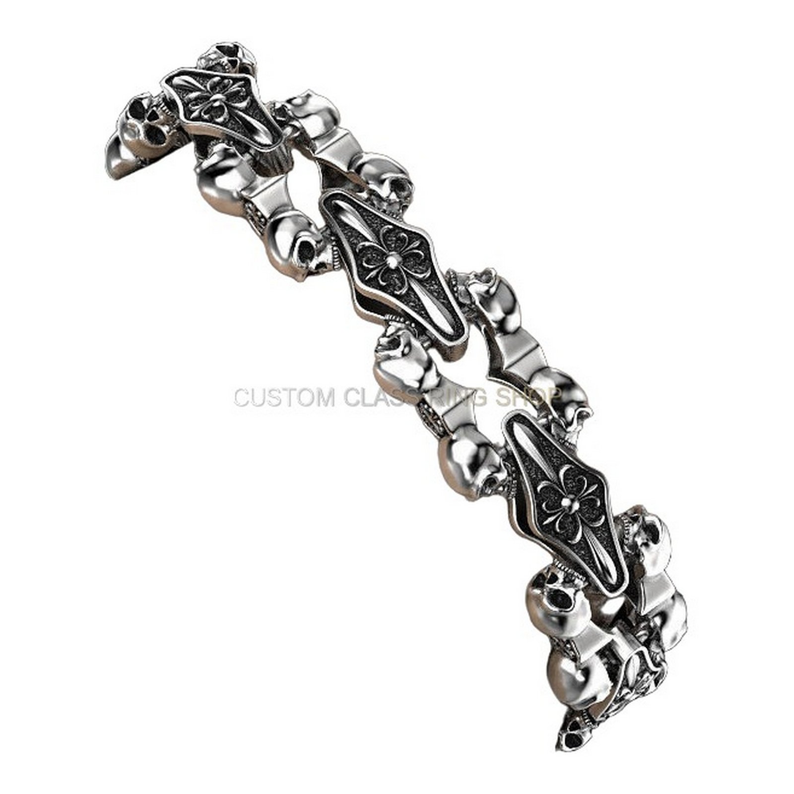 Mens sterling silver skull and fleur-de-lis bracelet, side profile showing beads and ornamental depth