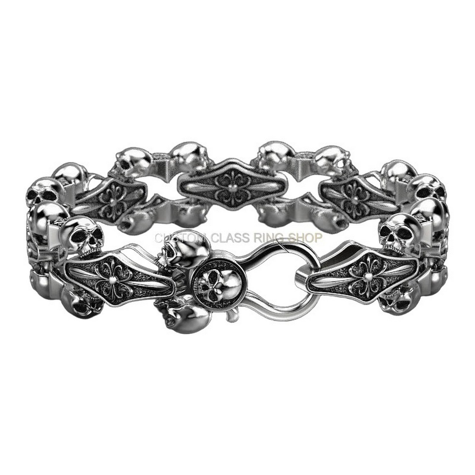 Mens sterling silver skull and fleur-de-lis bracelet, angled detail view of skull motif and panels