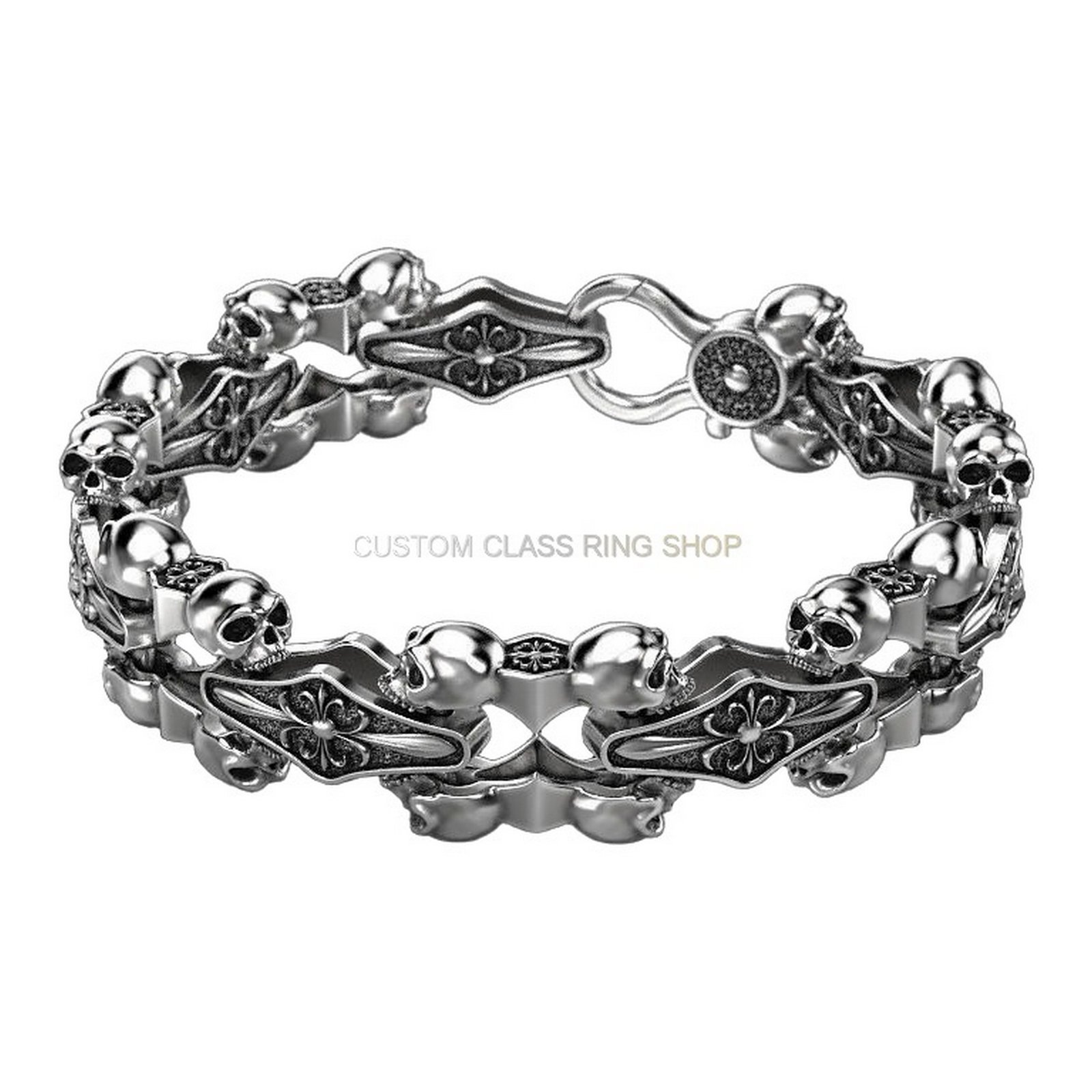 Mens sterling silver skull and fleur-de-lis bracelet, three-quarter view showing clasp and overall construction