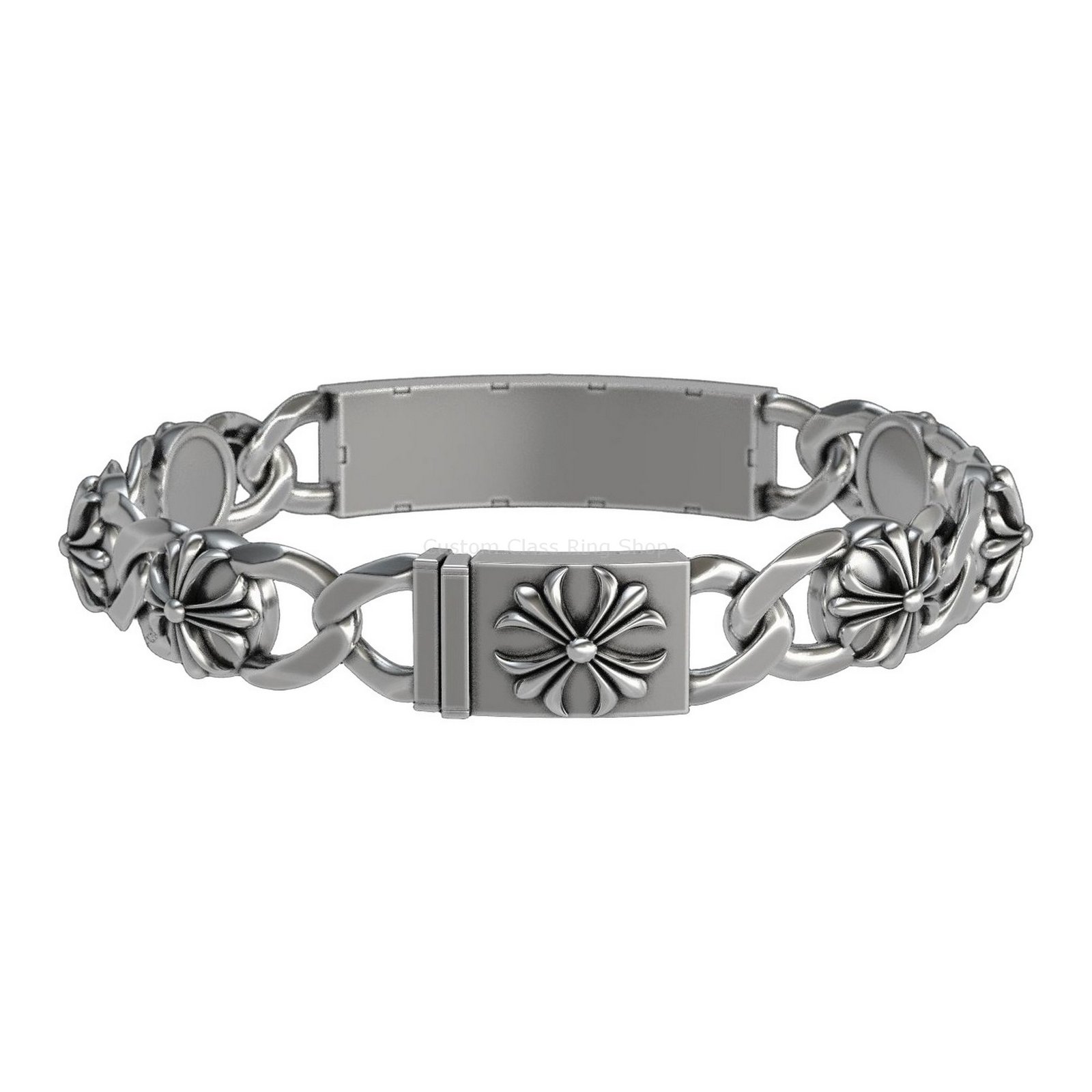 Sterling silver floral cross bracelet, angled three-quarter detail