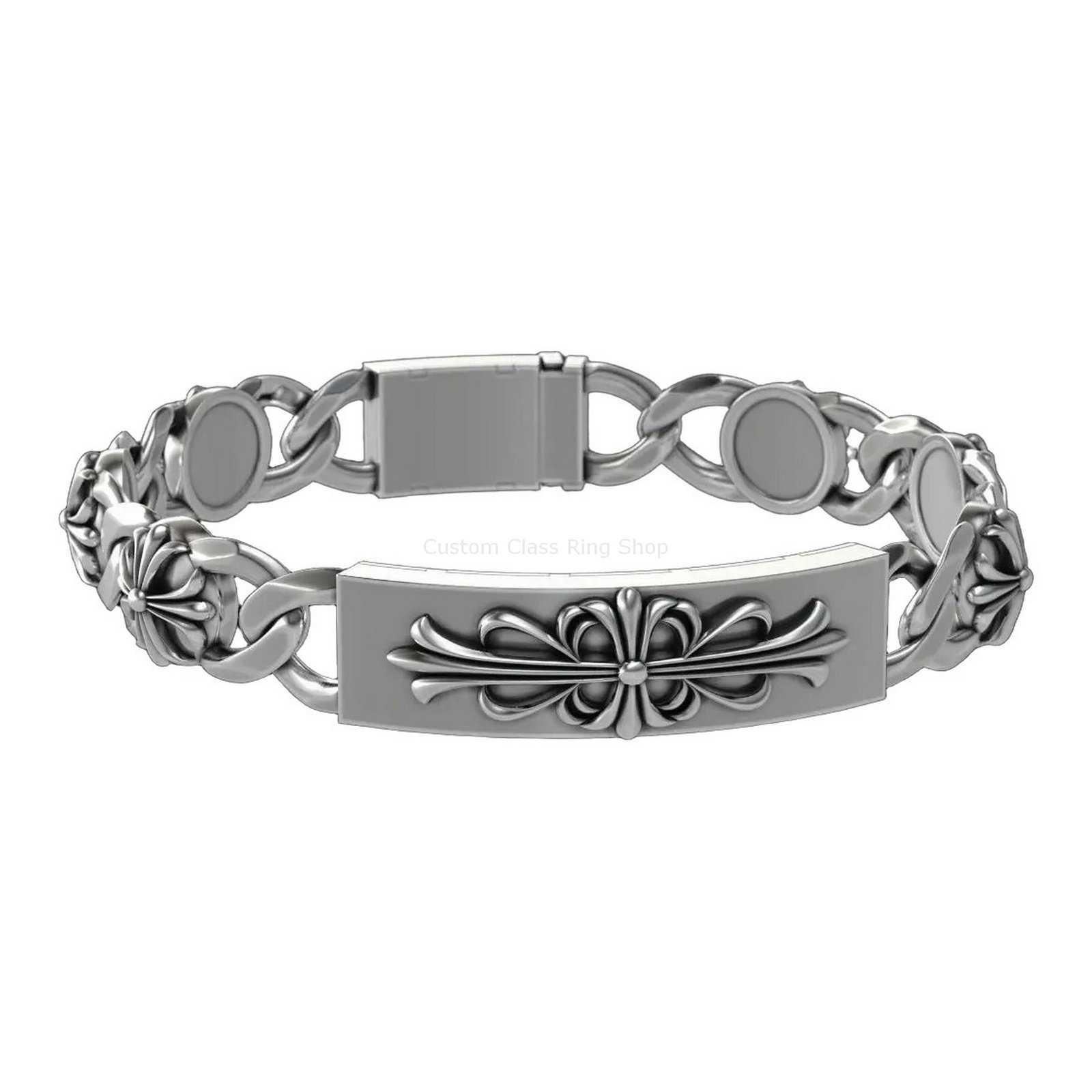 Sterling silver floral cross bracelet, band with crossed medallions