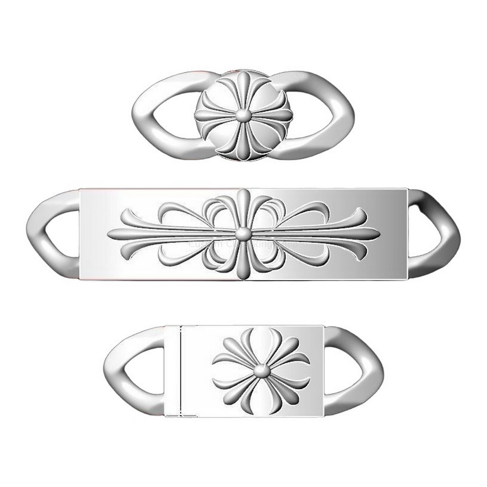 Sterling silver floral cross bracelet, flat lay lower angle view