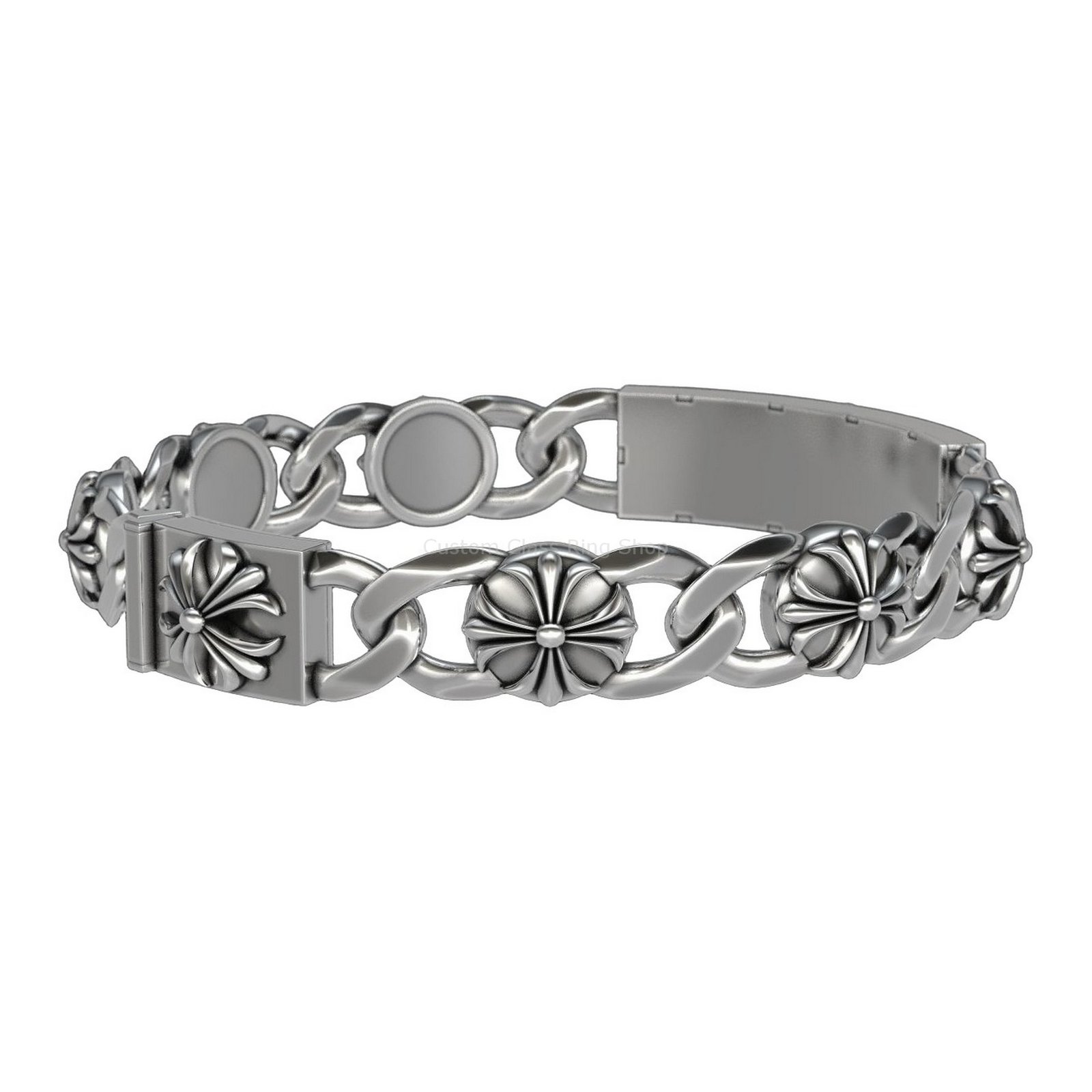 Sterling silver floral cross bracelet, wrist-wear perspective