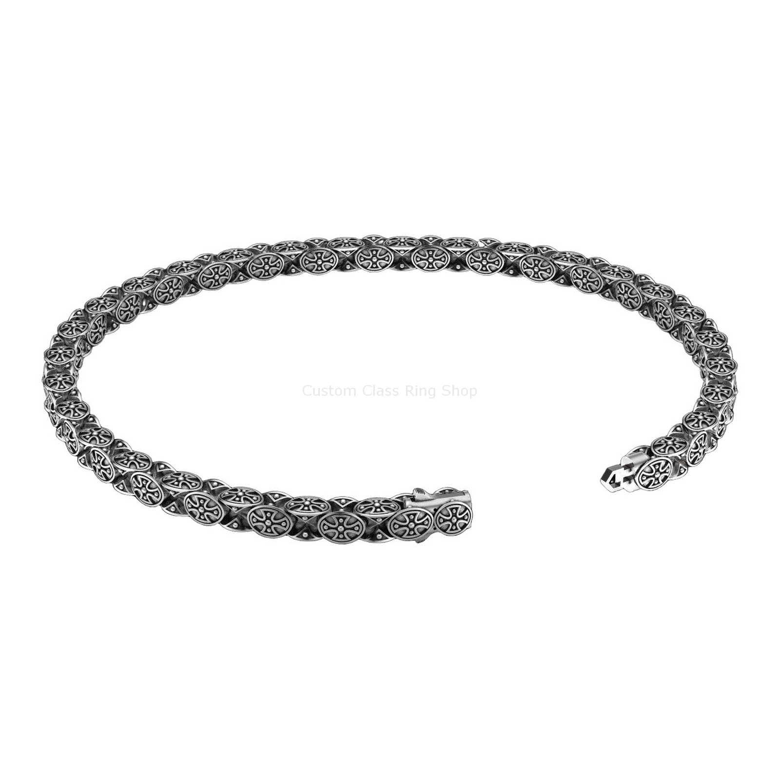 Sterling silver cross chain bracelet, angled three-quarter view showing chain continuity