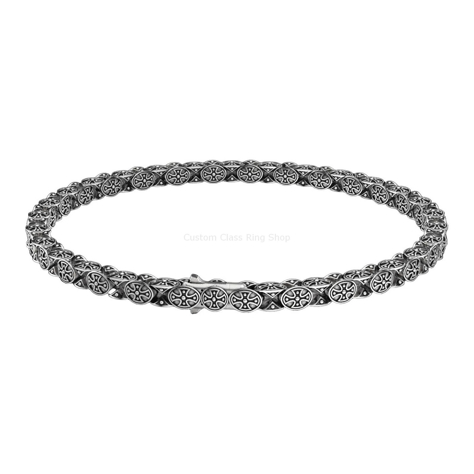 Sterling silver cross chain bracelet, flat lay overhead view of complete bracelet