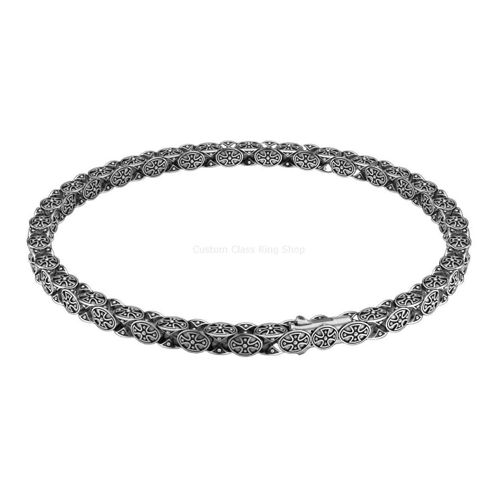 Sterling silver cross chain bracelet, side profile showing chain texture and depth