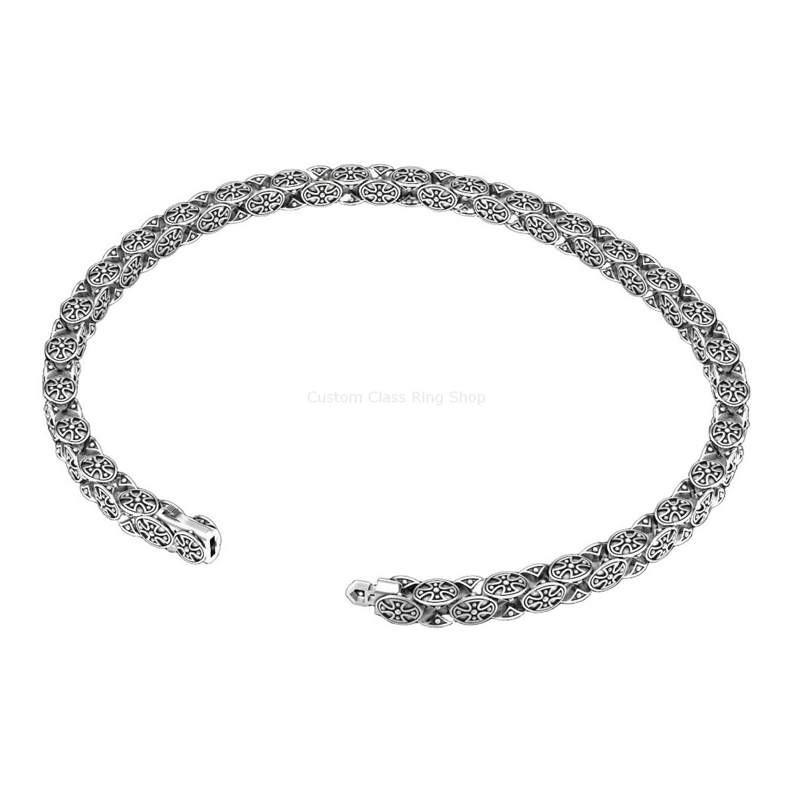 Sterling silver cross chain bracelet, curved display showing oxidized finish detail