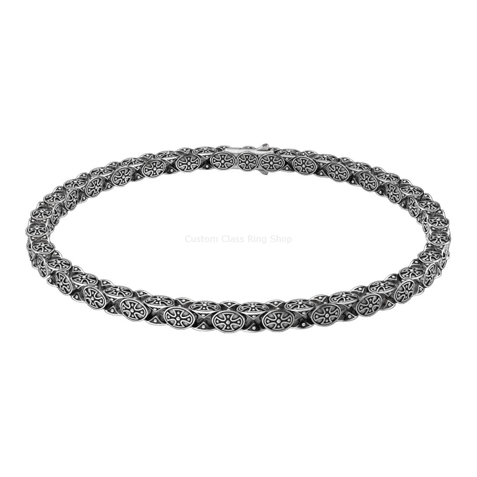 Sterling silver cross chain bracelet with oxidized geometric medallions