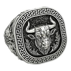 Mens sterling silver bull signet ring with oxidized Greek key border and acanthus detailing
