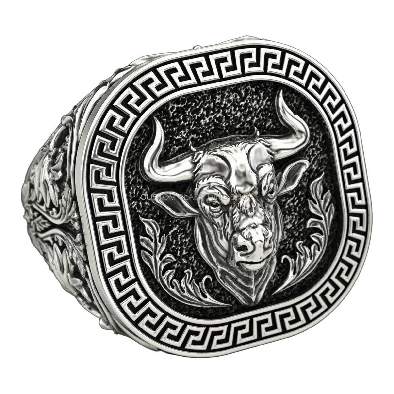 Mens sterling silver bull signet ring with oxidized Greek key border and acanthus detailing