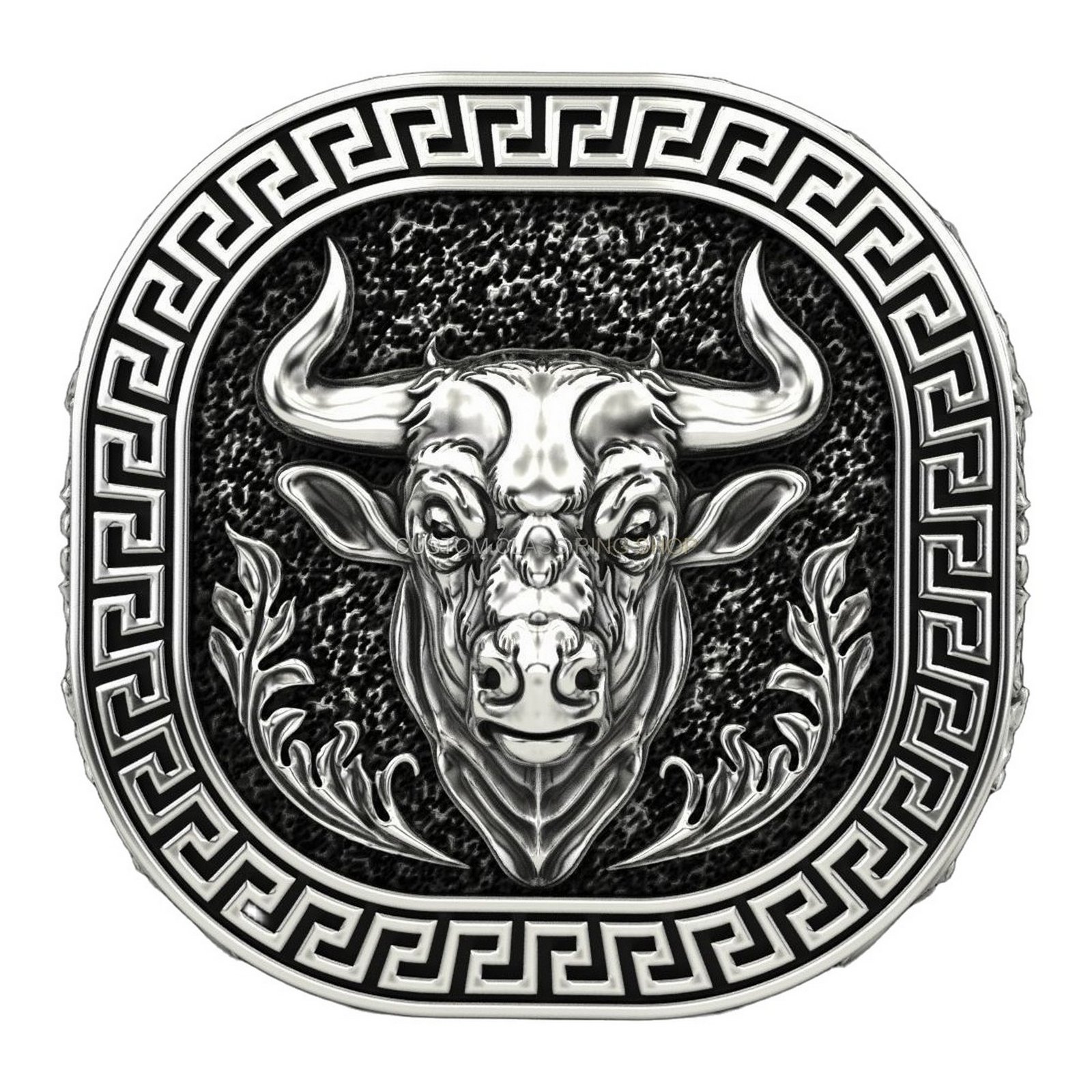 Mens sterling silver bull signet ring with oxidized Greek key border and acanthus detailing