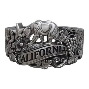 Sterling silver California bear relief ring with poppy flowers