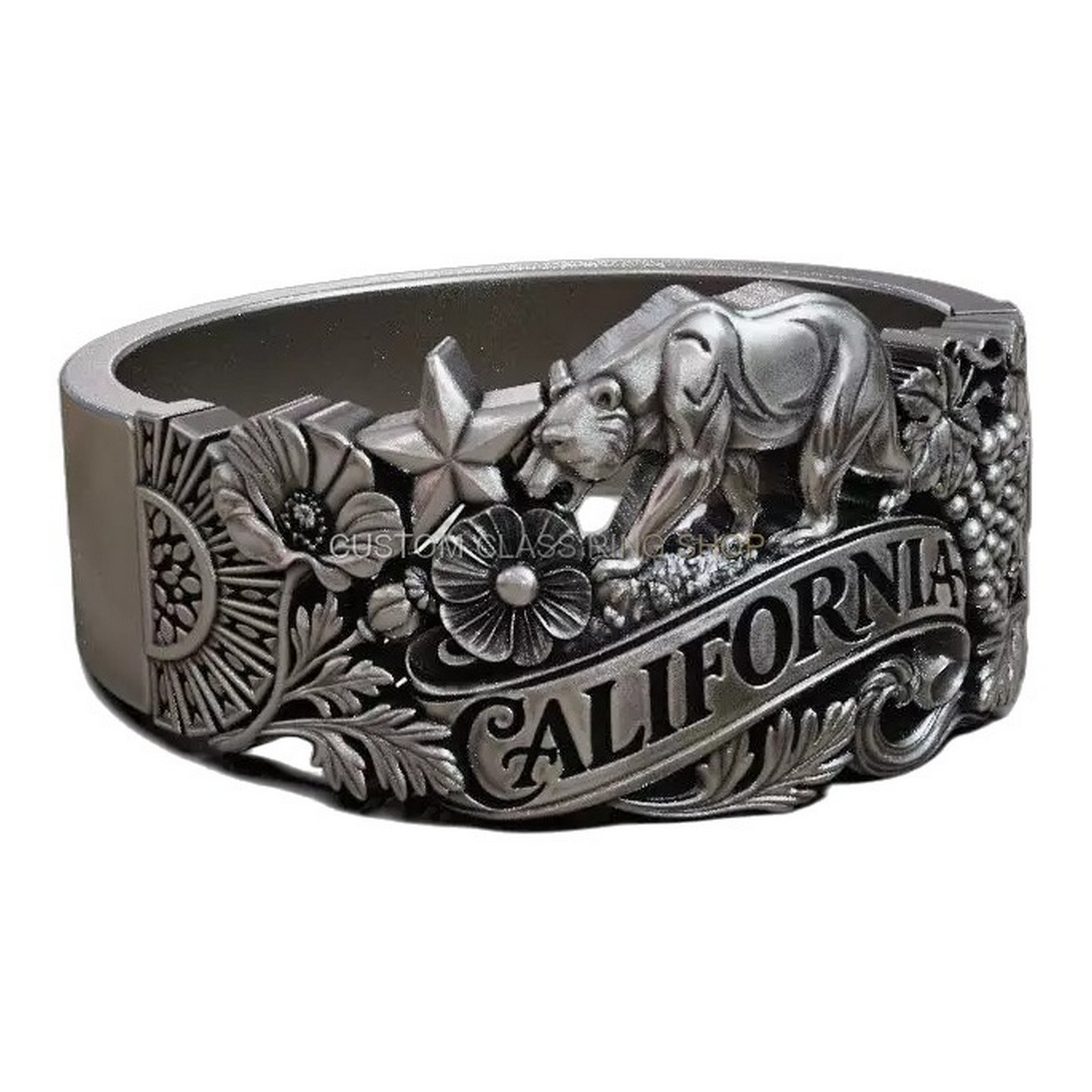 Sterling silver California bear relief ring with poppy flowers