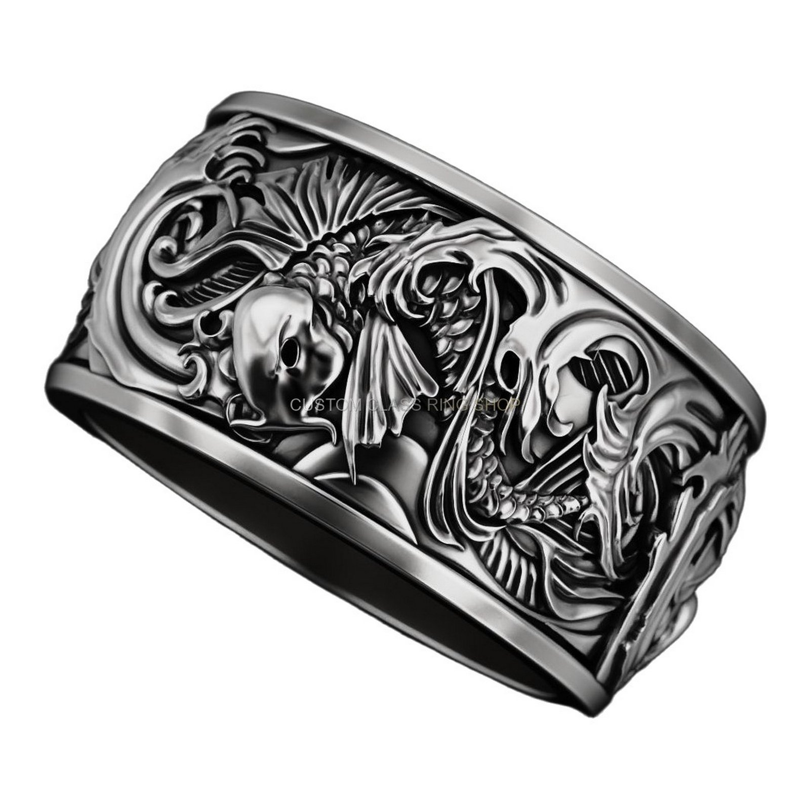 Mens sterling silver ornamental statement ring, angled three-quarter left view