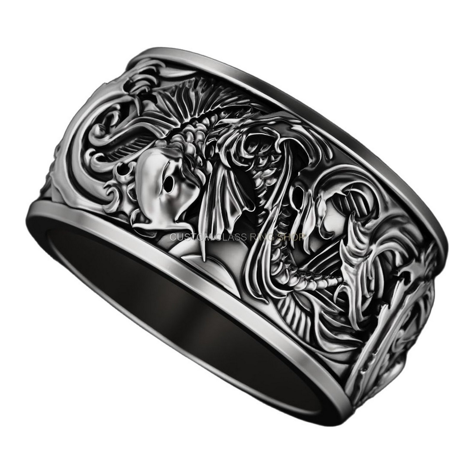 Mens sterling silver ornamental statement ring, angled three-quarter right view