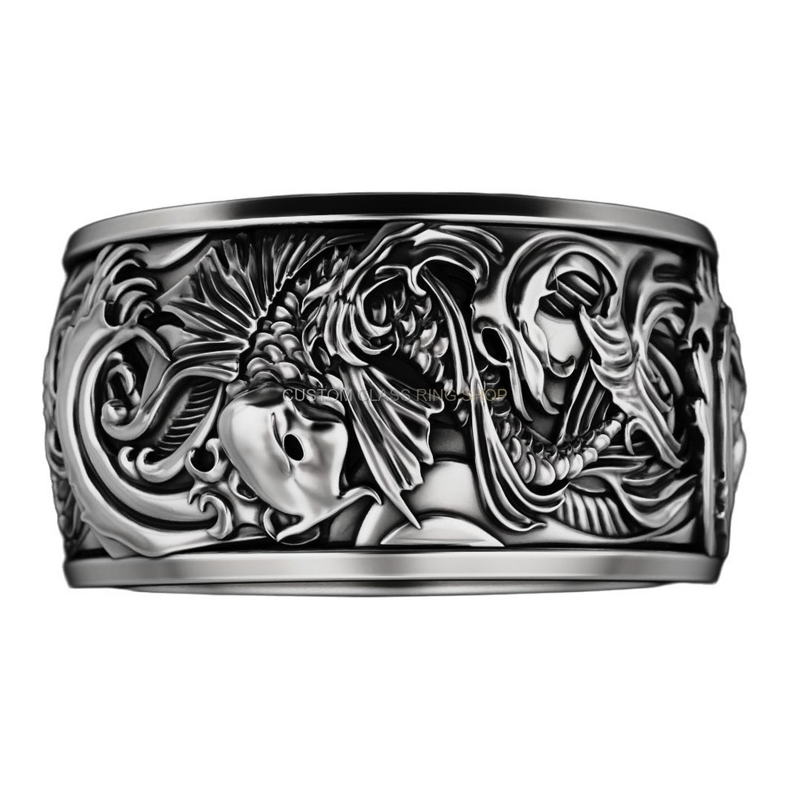 Mens sterling silver ornamental statement ring, top-down flat band perspective