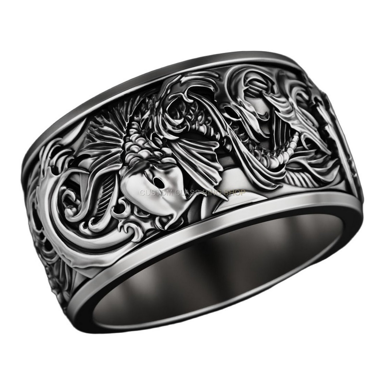 Mens sterling silver ornamental statement ring with baroque floral detail