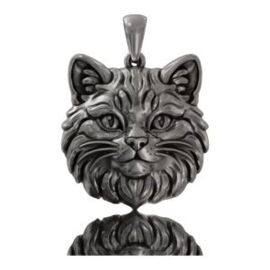 Sterling silver cat face statement pendant with oxidized antique finish