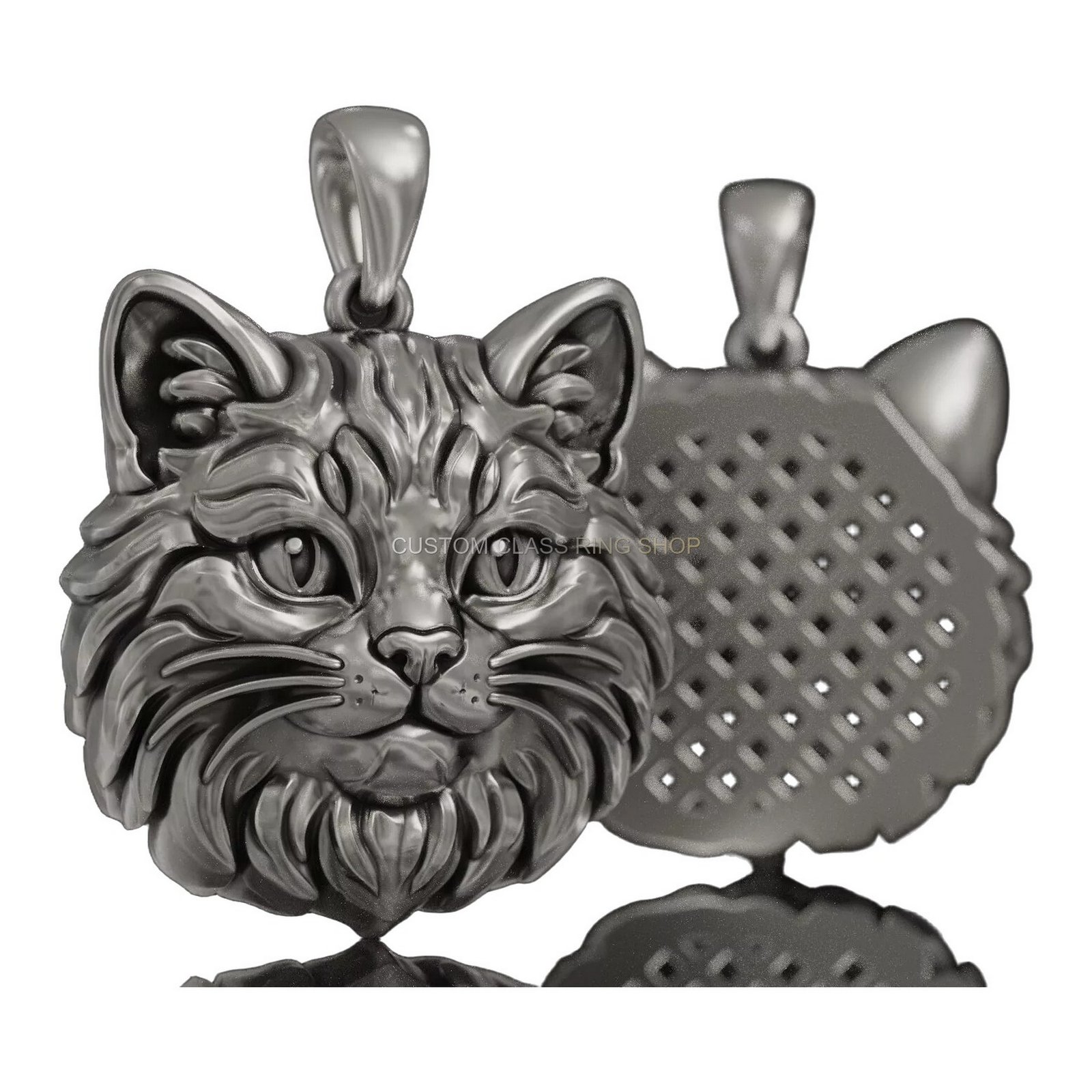 Sterling silver cat face statement pendant, side profile with perforated reverse