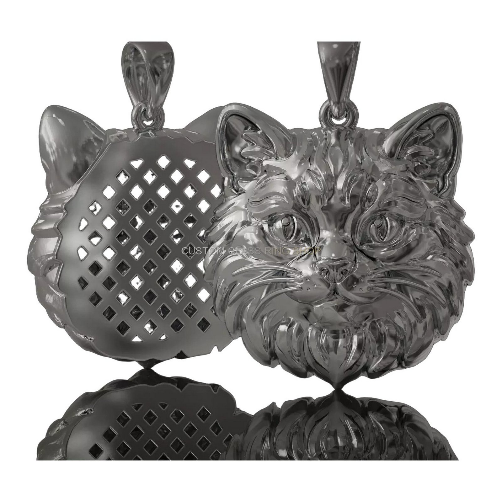 Sterling silver cat face statement pendant, three-quarter angle front and back