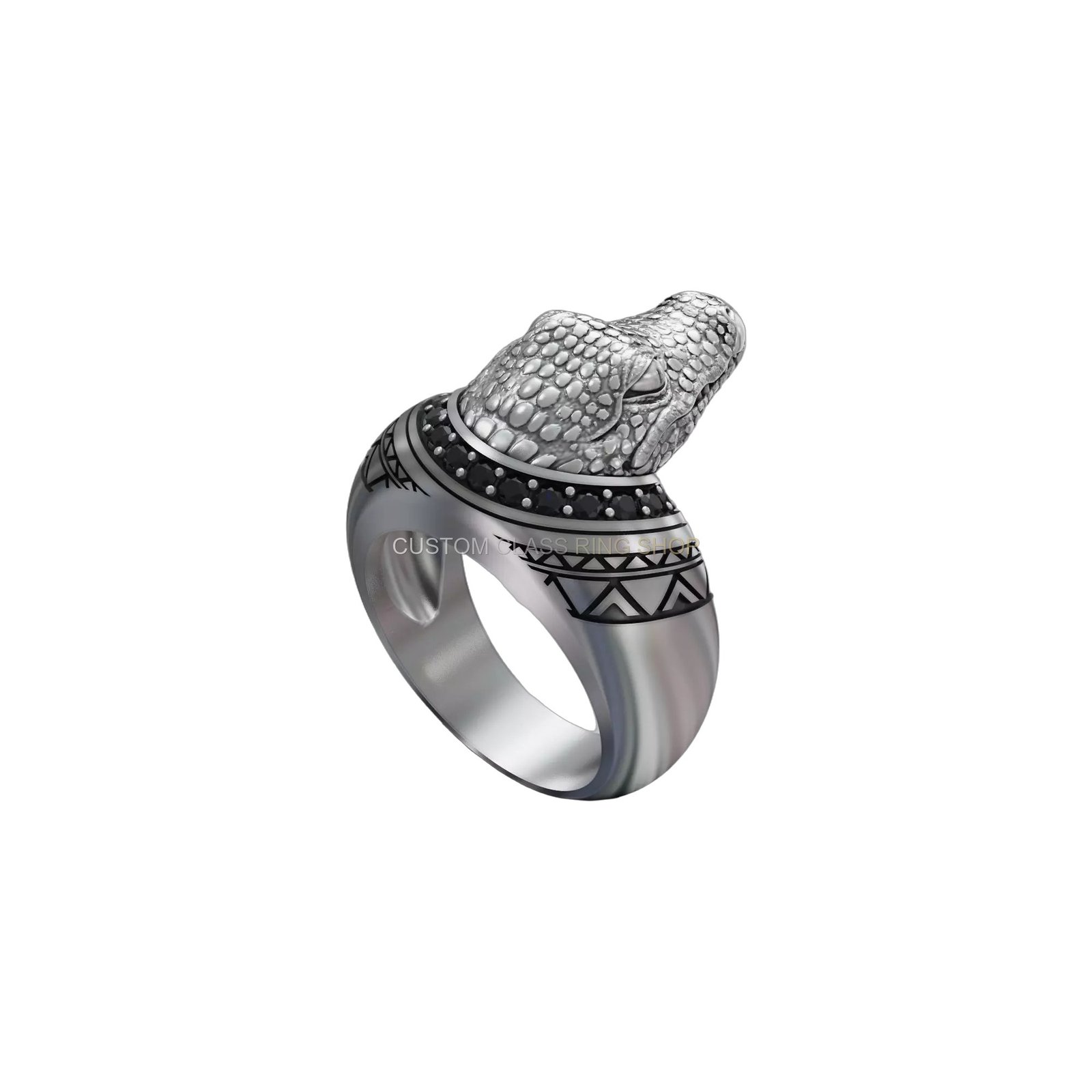 Sterling silver crocodile head signet ring, angled three-quarter view with head tilted up