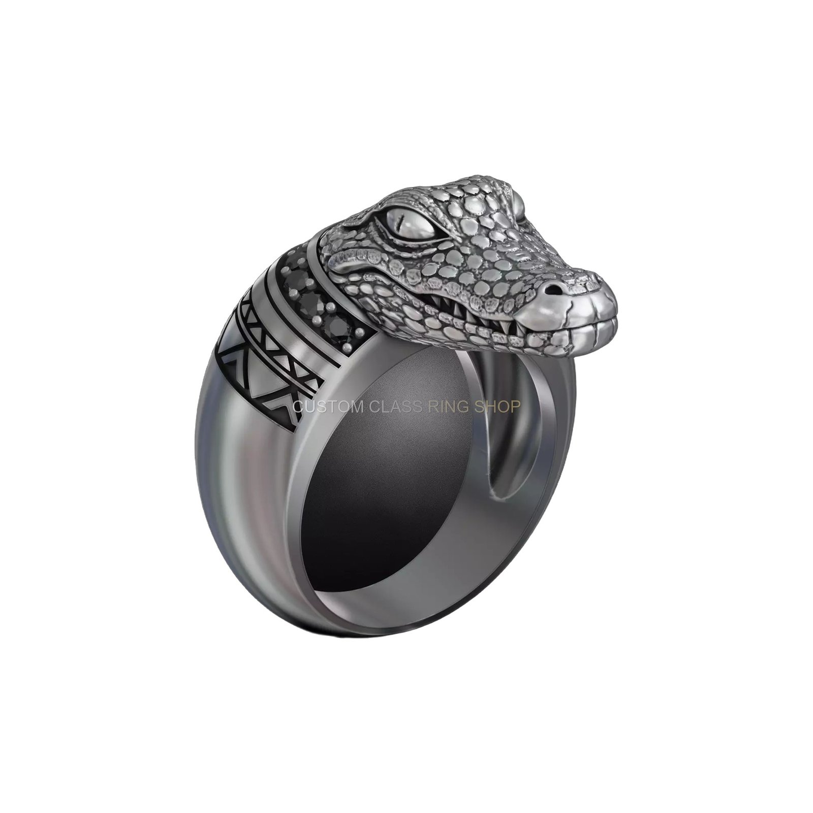 Sterling silver crocodile head signet ring, angled side profile view