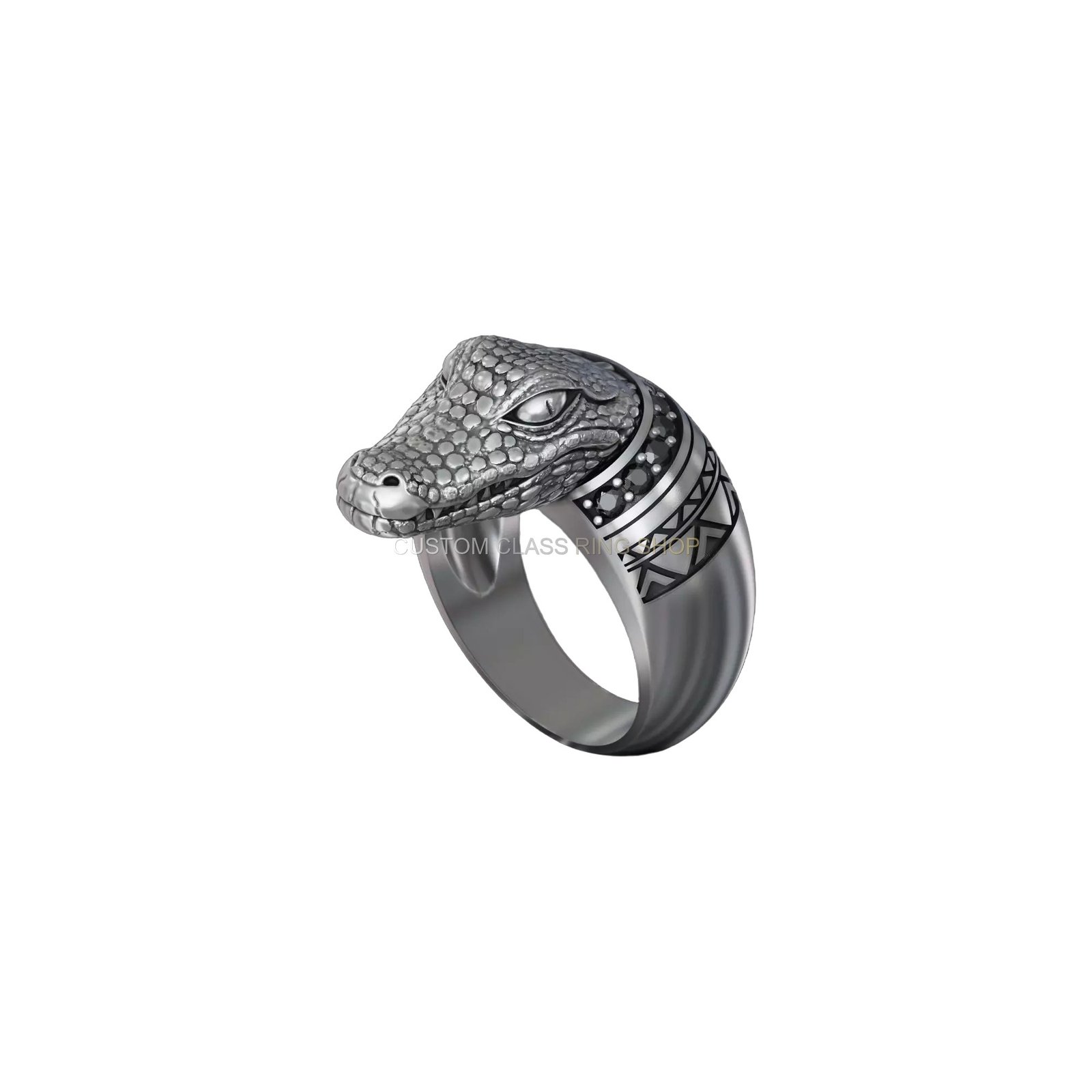 Sterling silver crocodile head signet ring, front-facing display with band detail