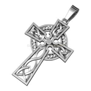 Sterling silver Celtic cross pendant with interlaced knotwork borders