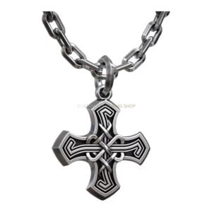 Sterling silver celtic knot cross pendant with nested geometric borders and interwoven knotwork, oxi