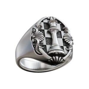 Sterling silver chess queen signet ring with floral scroll ornament