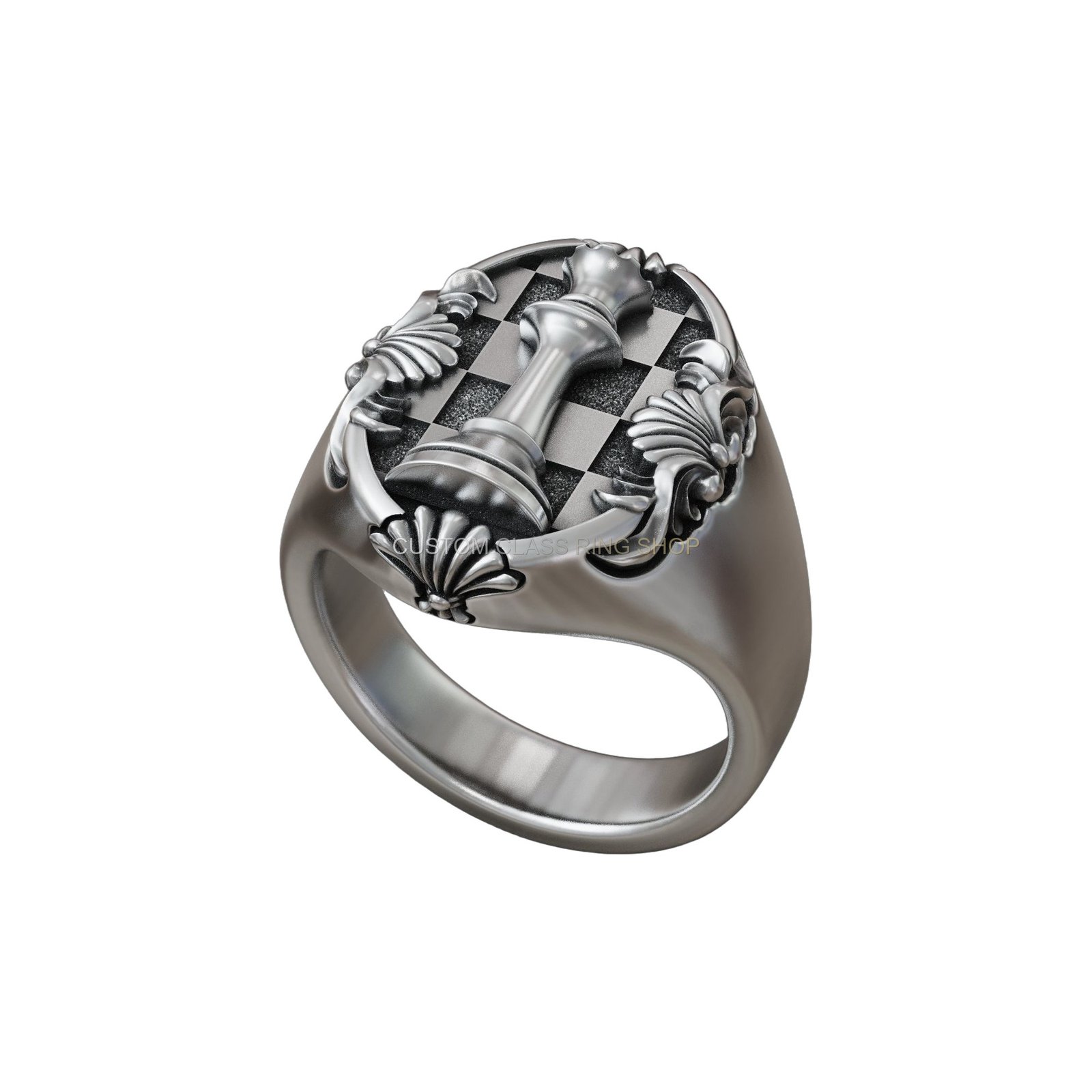 Sterling silver chess queen signet ring, Right side three-quarter profile