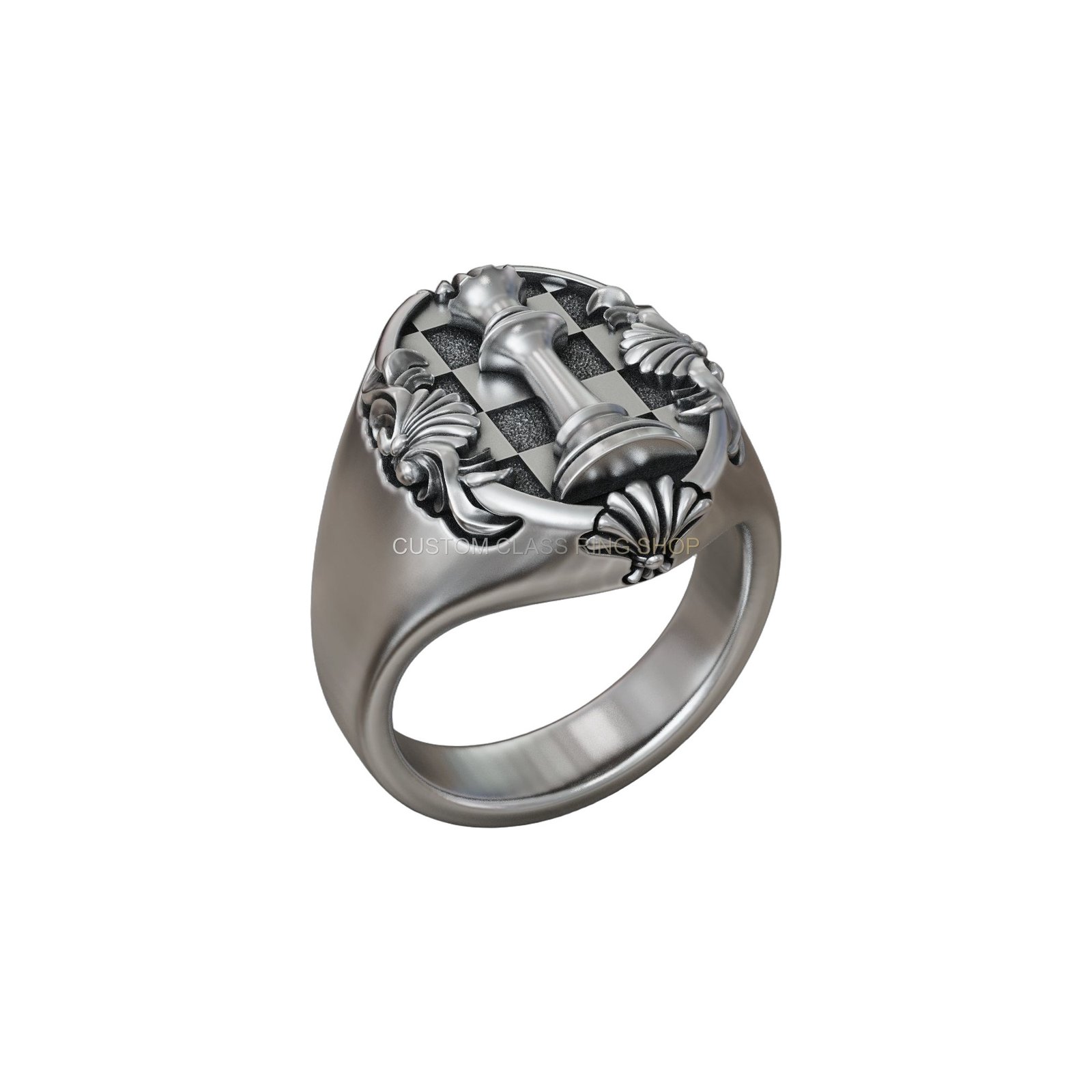 Sterling silver chess queen signet ring, Angled front view showing band detail