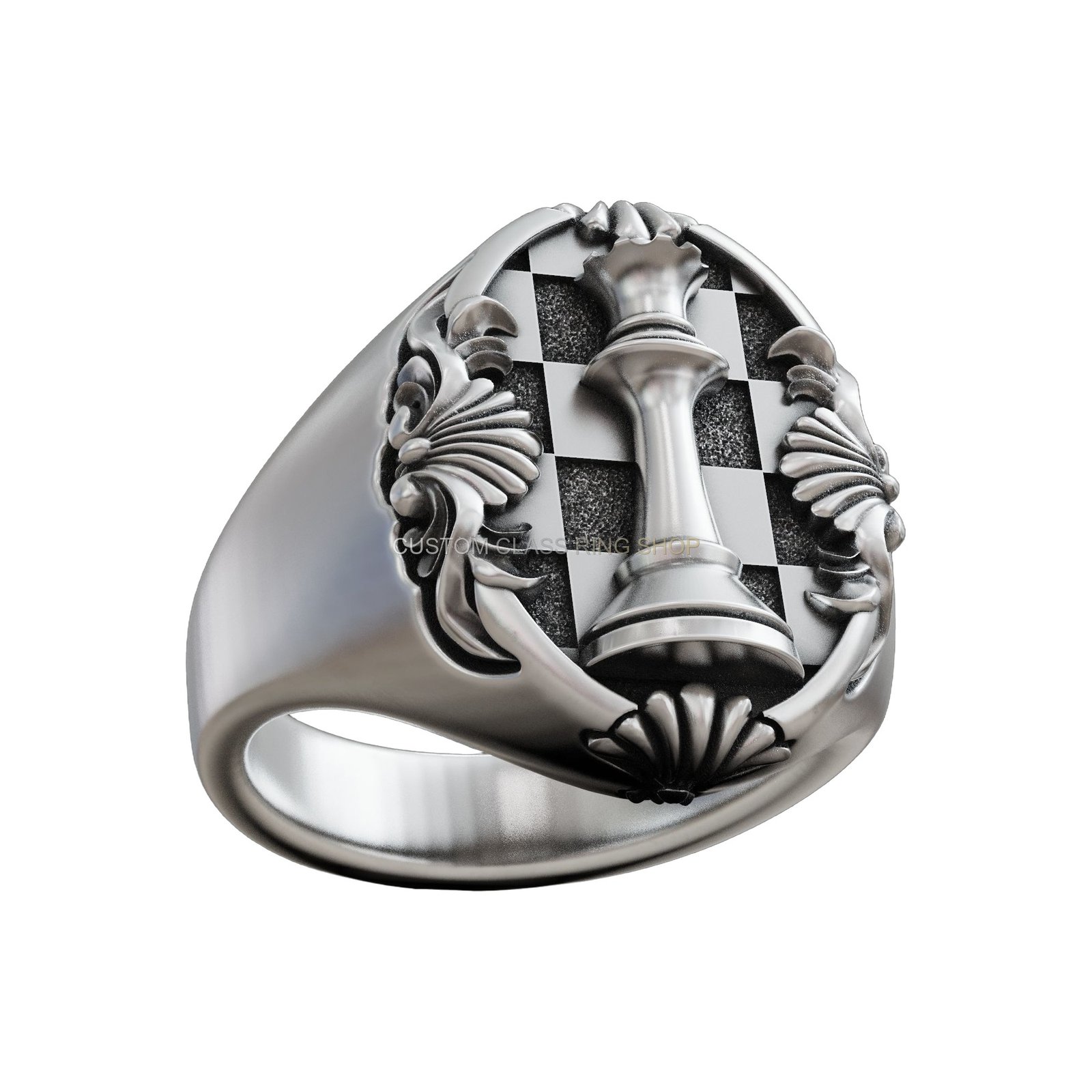 Sterling silver chess queen signet ring with floral scroll ornament