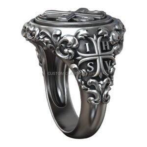 Sterling silver chi rho alpha omega signet ring with acanthus border