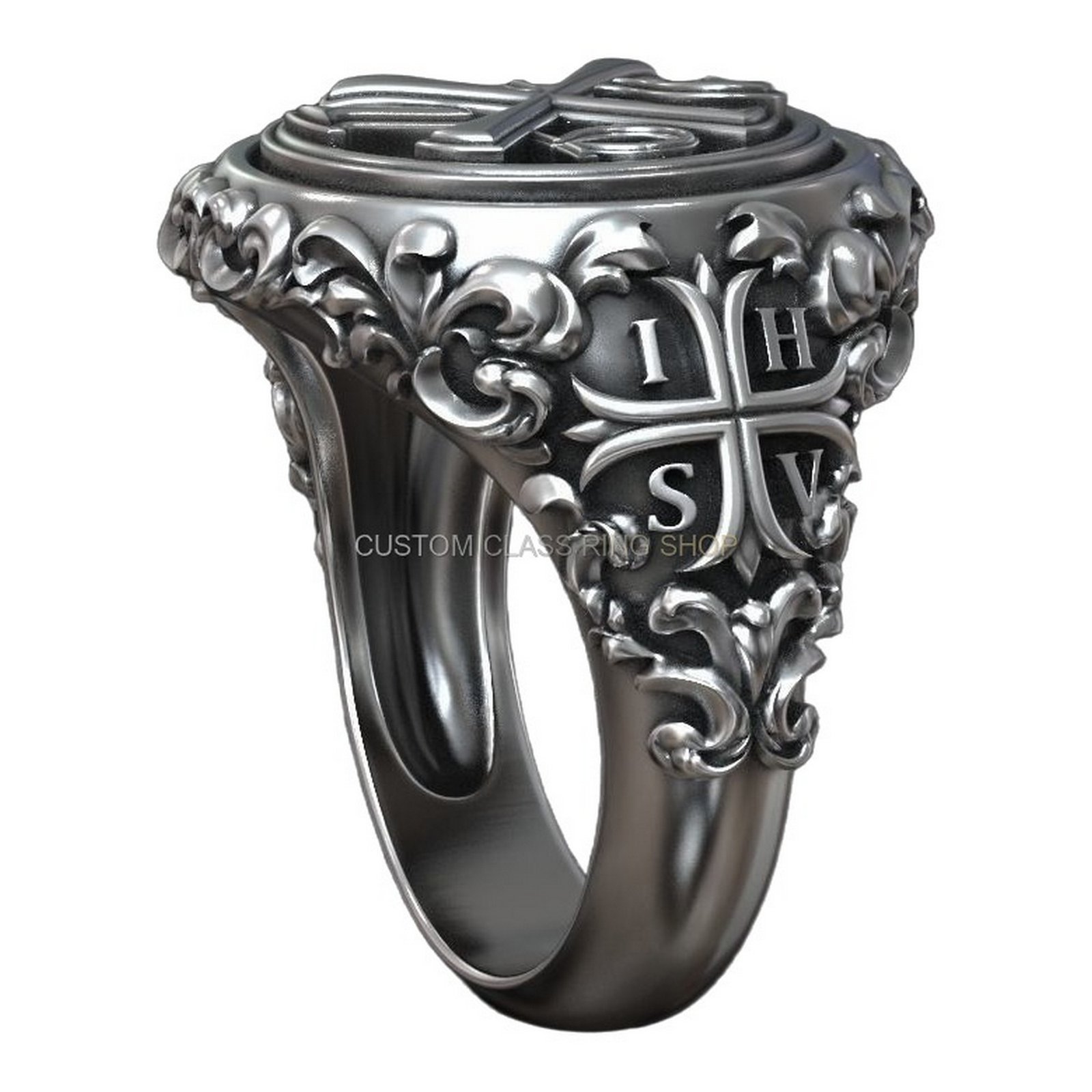 Sterling silver chi rho alpha omega signet ring with acanthus border