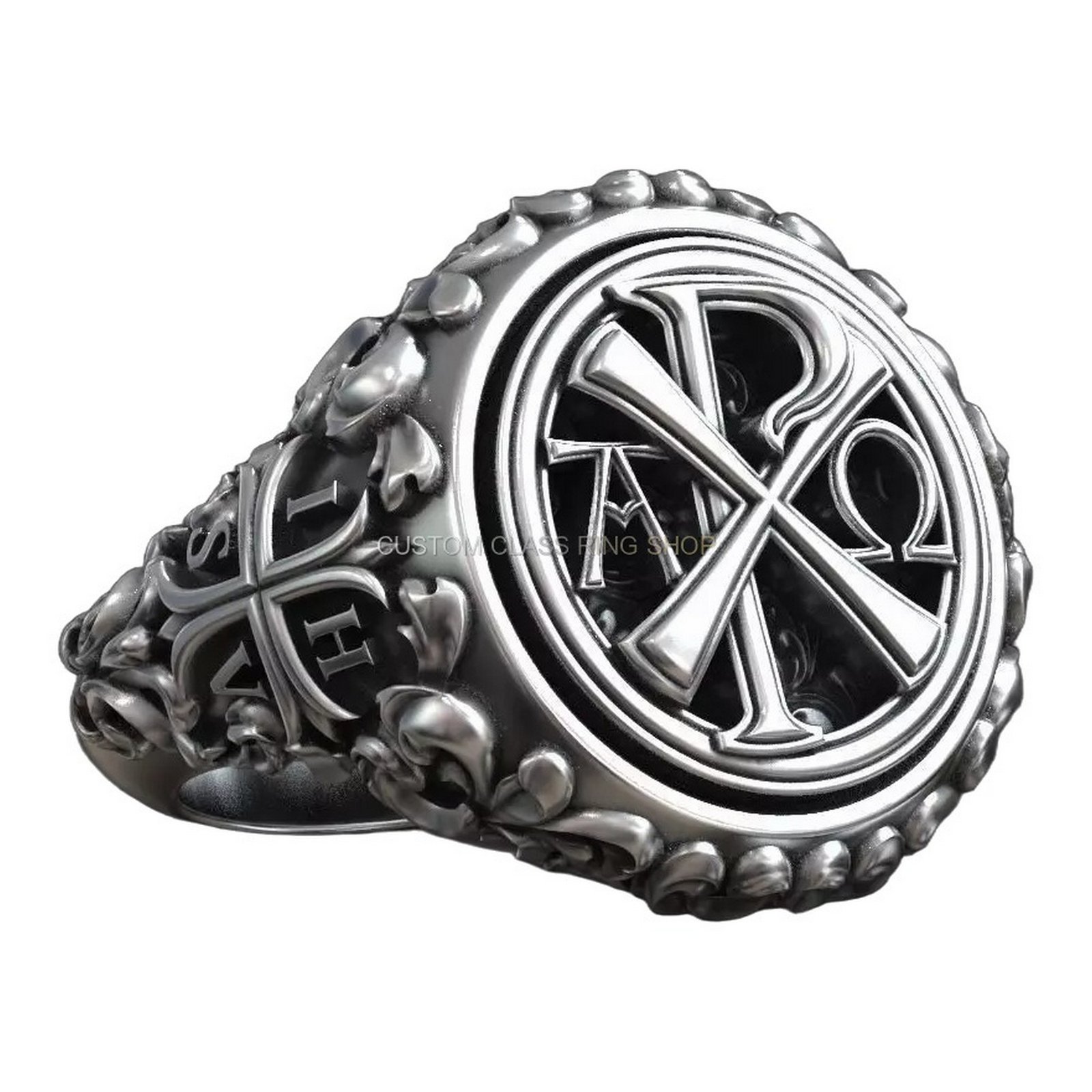 Sterling silver chi rho alpha omega signet ring, angled three-quarter view of bezel face