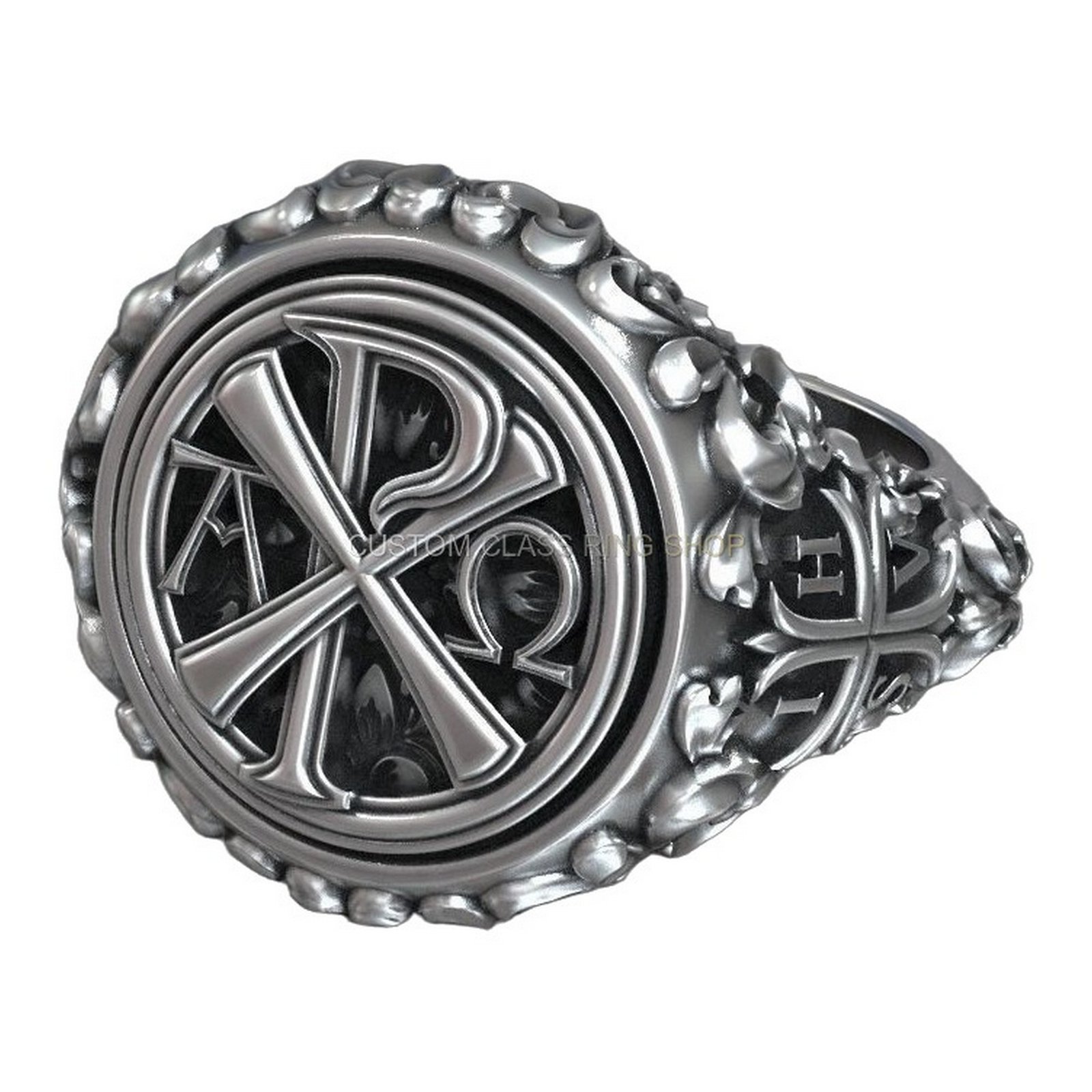 Sterling silver chi rho alpha omega signet ring, top-down detail of Chi Rho Alpha Omega face