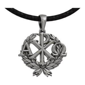 Sterling silver chi rho cross pendant with Alpha Omega and laurel wreath