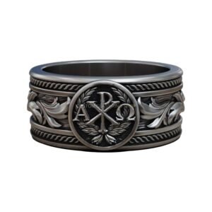 Chi rho baroque sterling silver signet ring with rope border and acanthus leaf sides