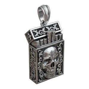 Sterling silver skull cigarette pack pendant with oxidized baroque filigree