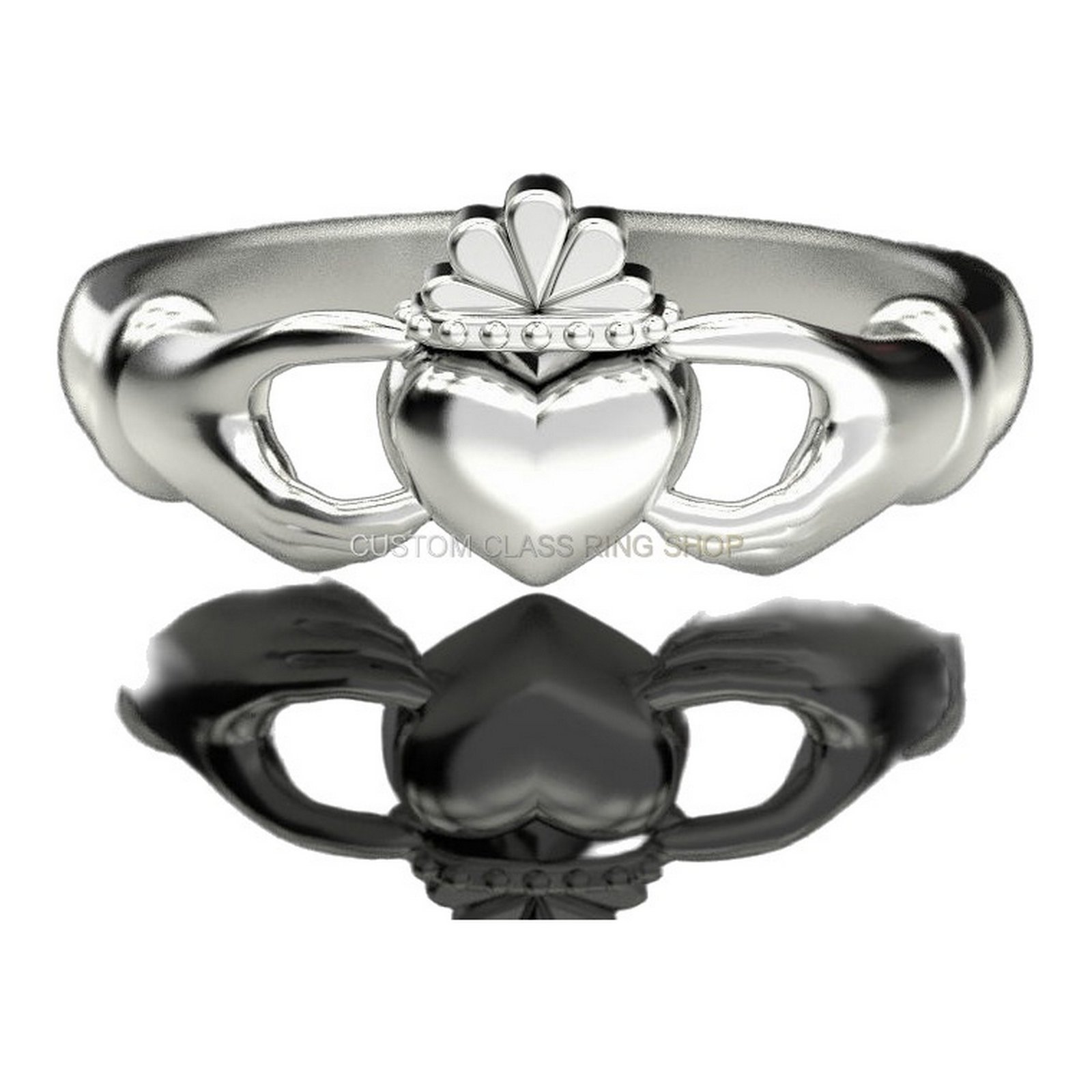Sterling silver claddagh ring, alternate polished silver front view angled