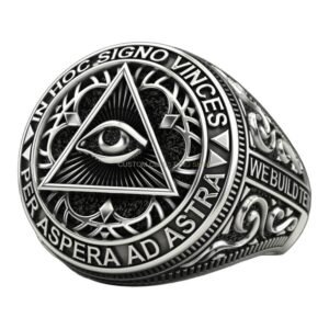 Mens sterling silver all-seeing eye signet ring with oxidized antique finish and Latin border