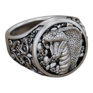 Sterling silver cobra skulls baroque ring with oxidized finish and ornate scrollwork