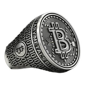 Mens 925 silver bitcoin signet ring with deep-relief symbol and binary code band